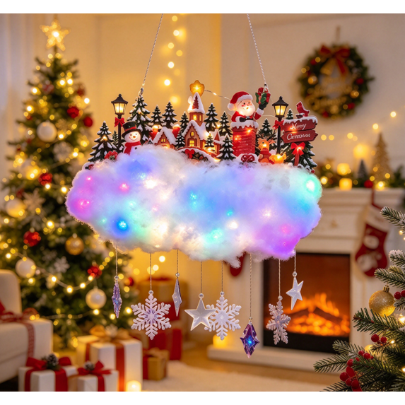 Christmas Snowfall Cloud Wall Decor, Lighted Snowfall Hanging Ornament with Warm White LED Lights for Door Window Porch