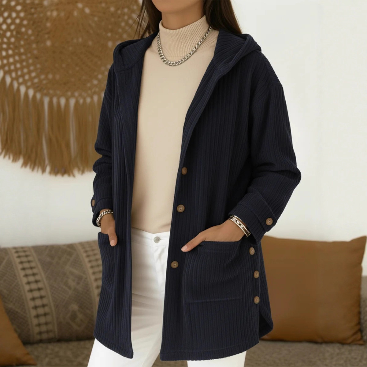 Women’s Mid-Length Hooded Corduroy Coat, Casual Loose Fall Layer