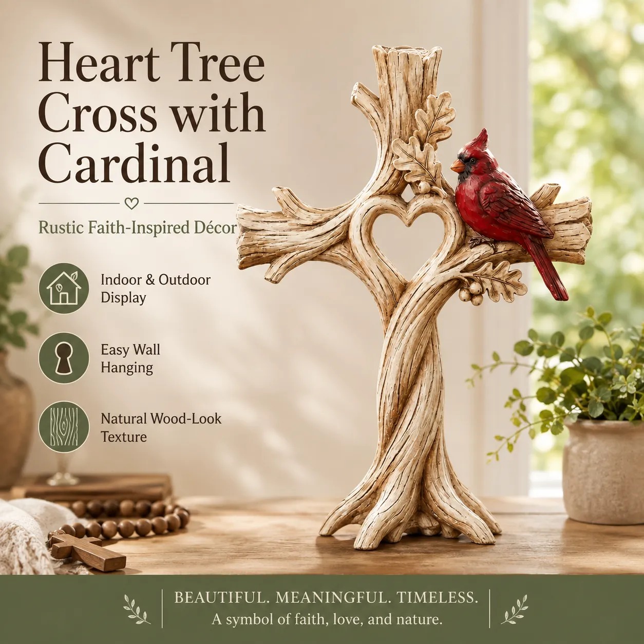 Carved Solid Wood Cardinal Heart Tree Cross