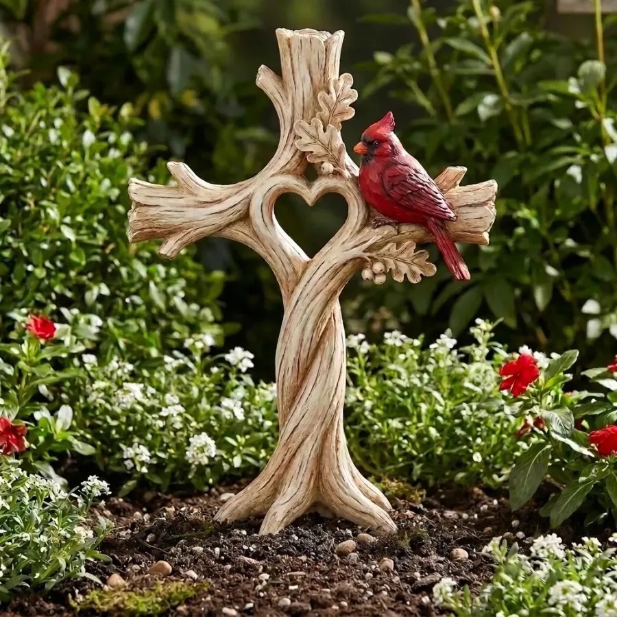 Carved Solid Wood Cardinal Heart Tree Cross