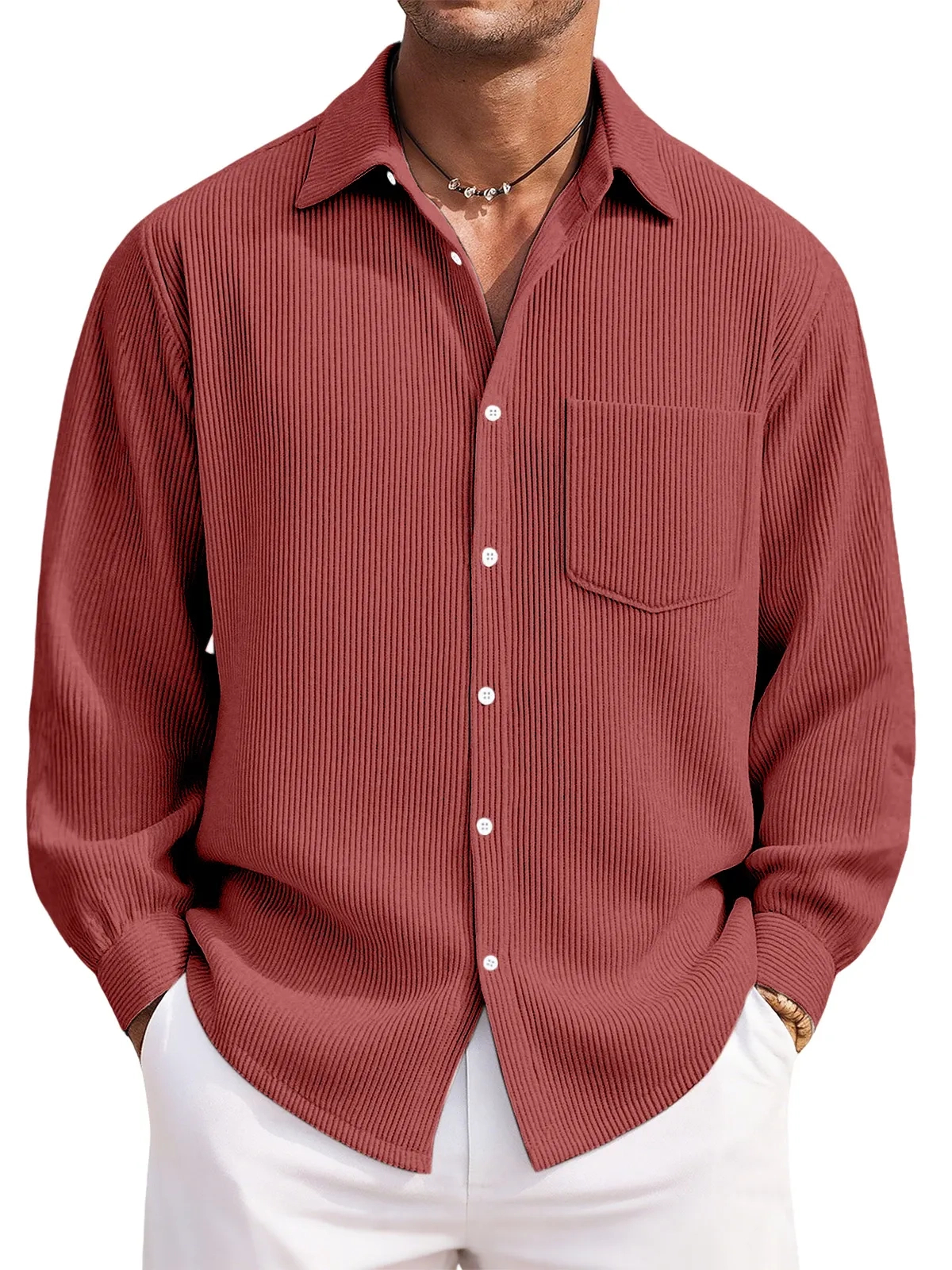 Men's Everyday Casual Solid Color Corduroy Button Lapel Long Sleeve Shirt