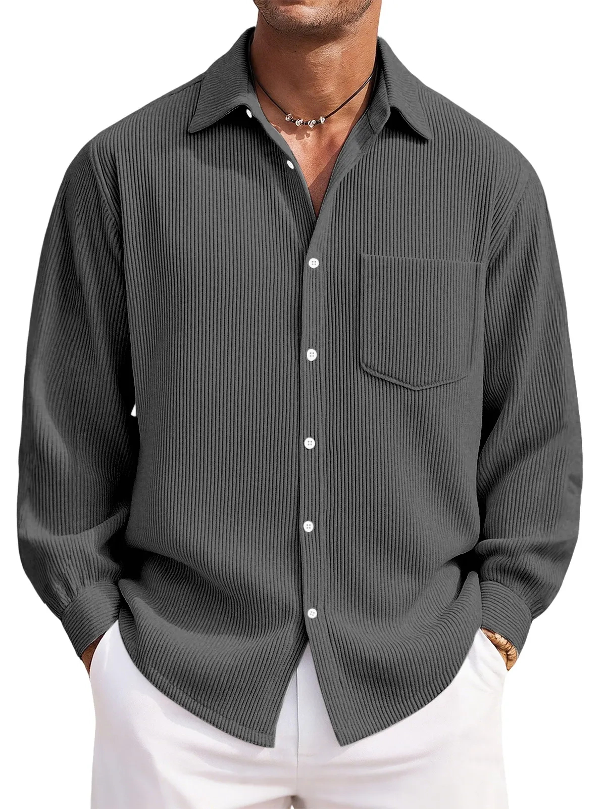 Men's Everyday Casual Solid Color Corduroy Button Lapel Long Sleeve Shirt
