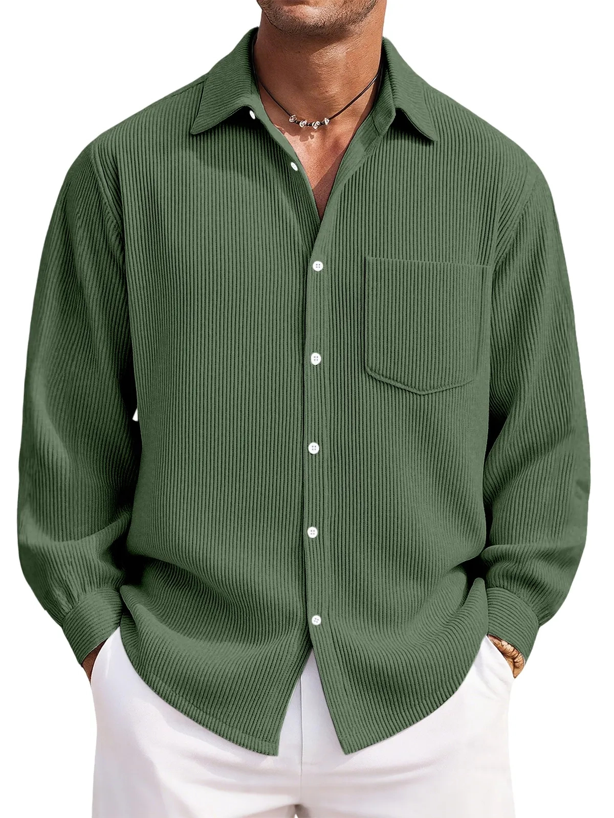 Men's Everyday Casual Solid Color Corduroy Button Lapel Long Sleeve Shirt