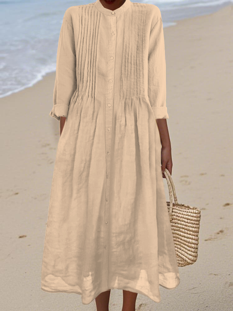 Women's Pleated Cotton and Ramie Long-sleeved Dress