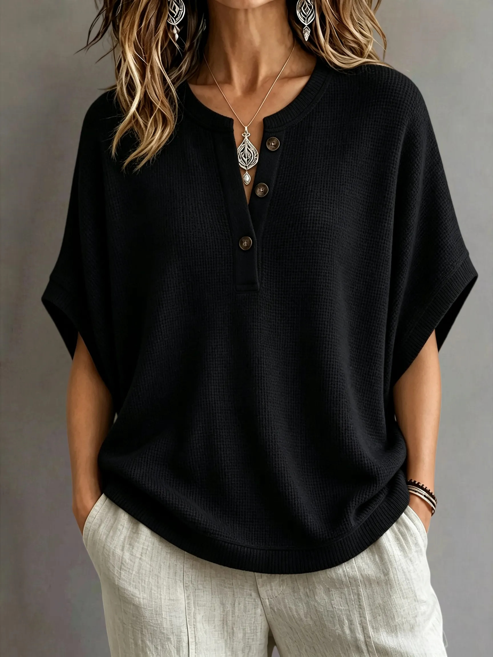 CLEARANCE SALE🔥Women's Waffle Knit Batwing Sleeve Henley Top