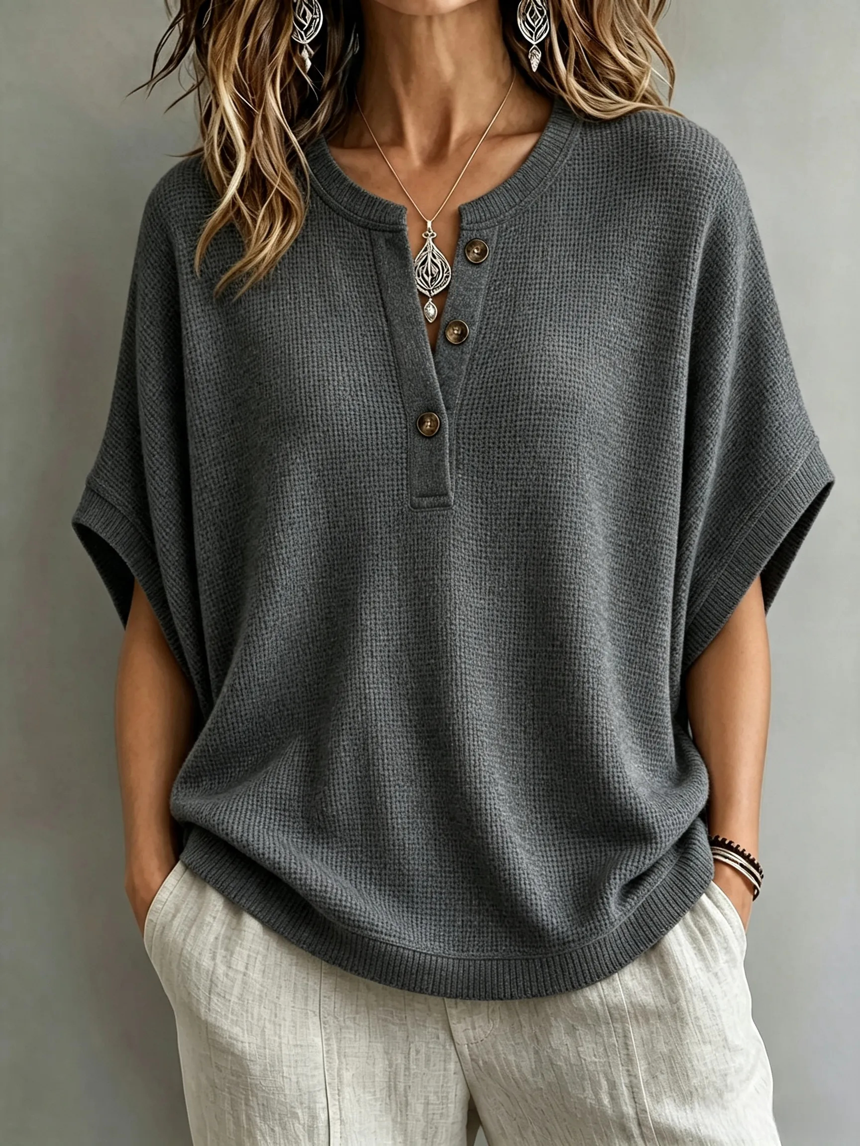 CLEARANCE SALE🔥Women's Waffle Knit Batwing Sleeve Henley Top