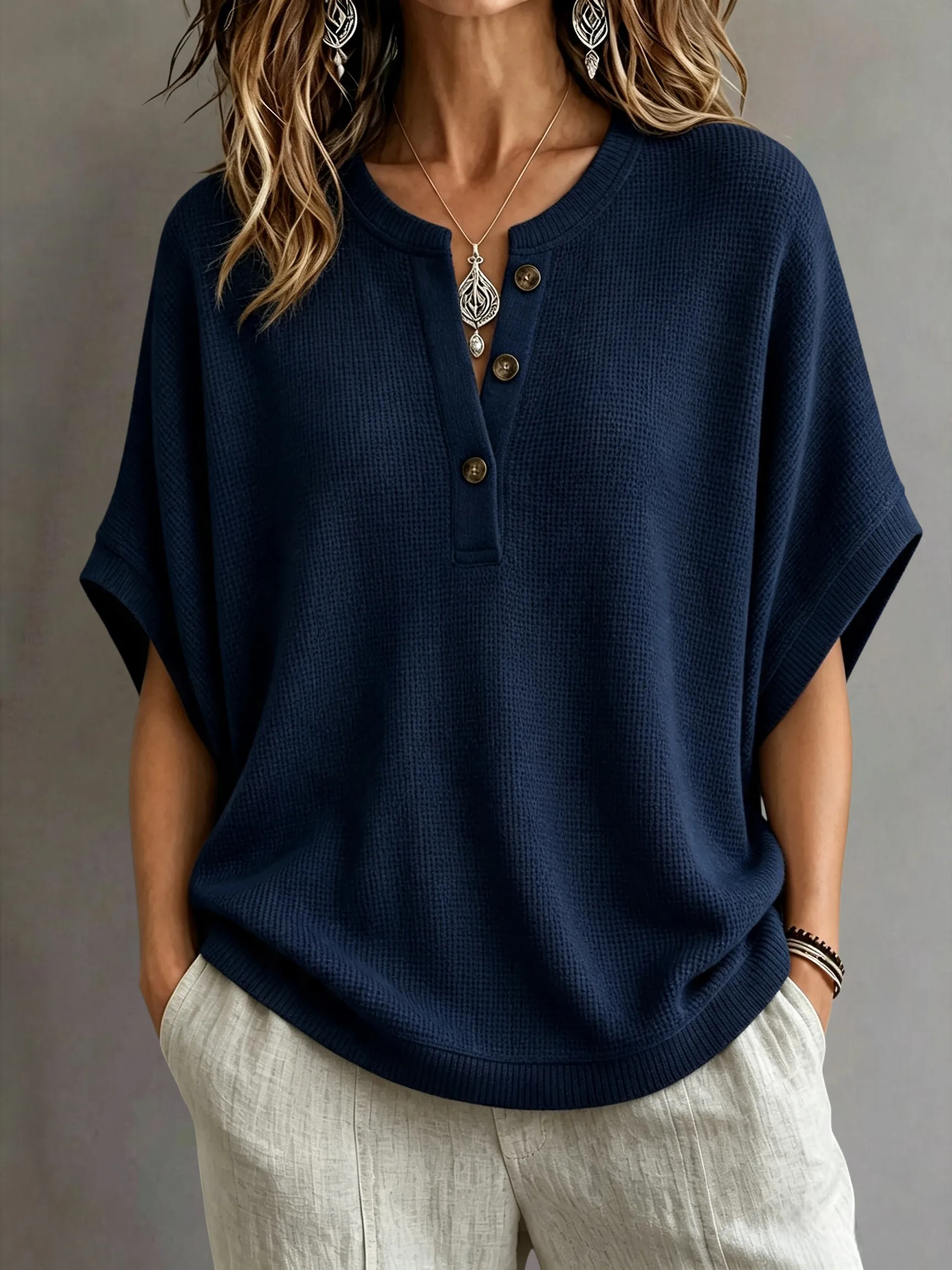 CLEARANCE SALE🔥Women's Waffle Knit Batwing Sleeve Henley Top