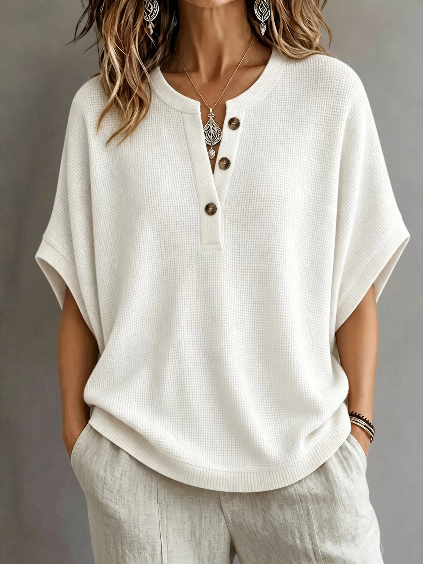CLEARANCE SALE🔥Women's Waffle Knit Batwing Sleeve Henley Top