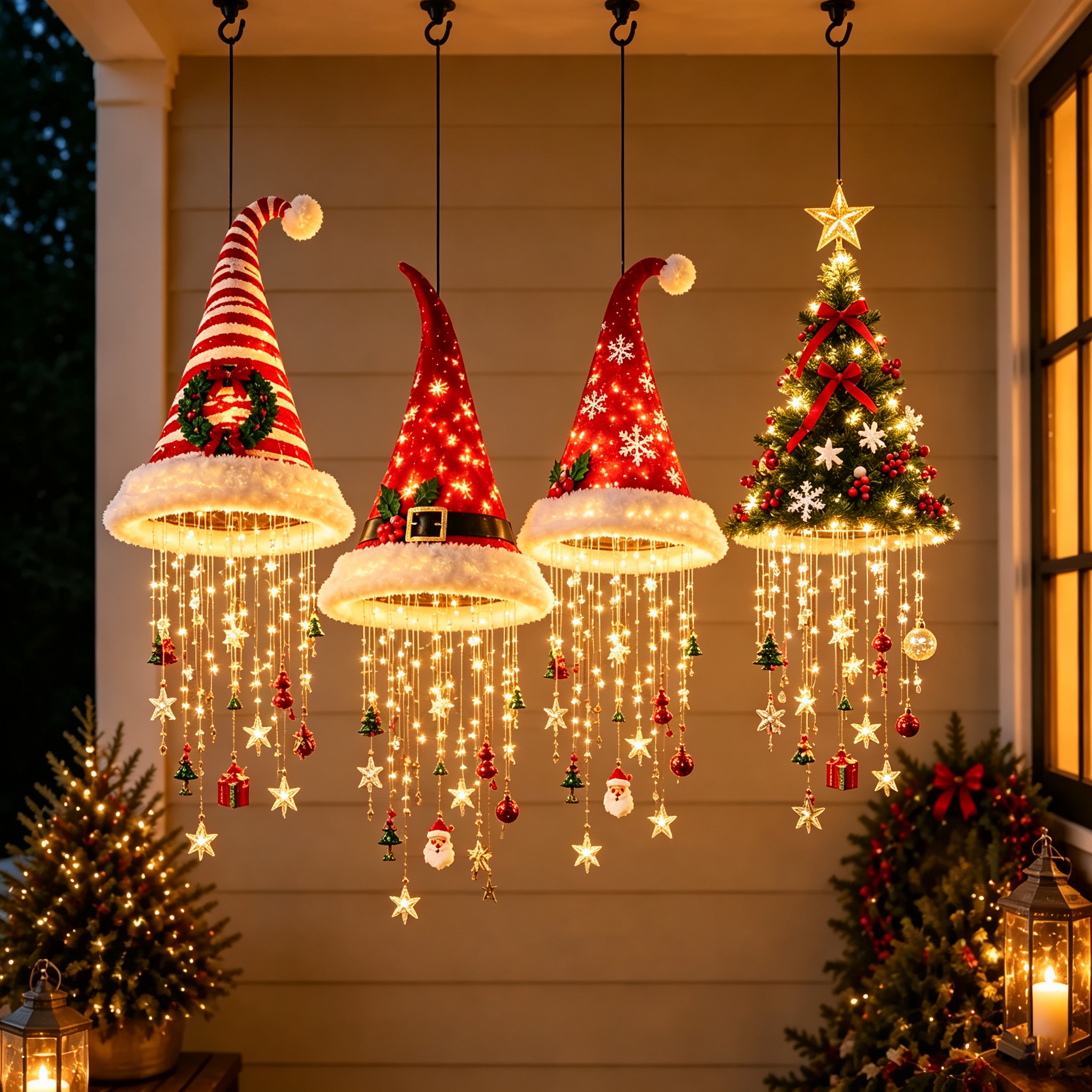 🎅 LAST DAY 49% OFF – Light-Up Christmas Hat Chandelier | Hanging Santa Hat Decoration with Warm LED Lights, Festive Ornaments & 4 Holiday Styles ✨