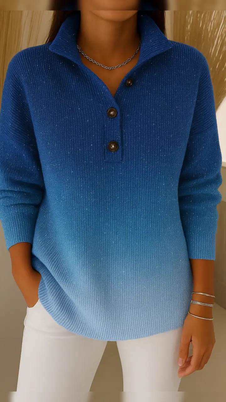 Women's Gradient Print Collared Long Sleeve Casual Loose Sequined Knit Cardigan