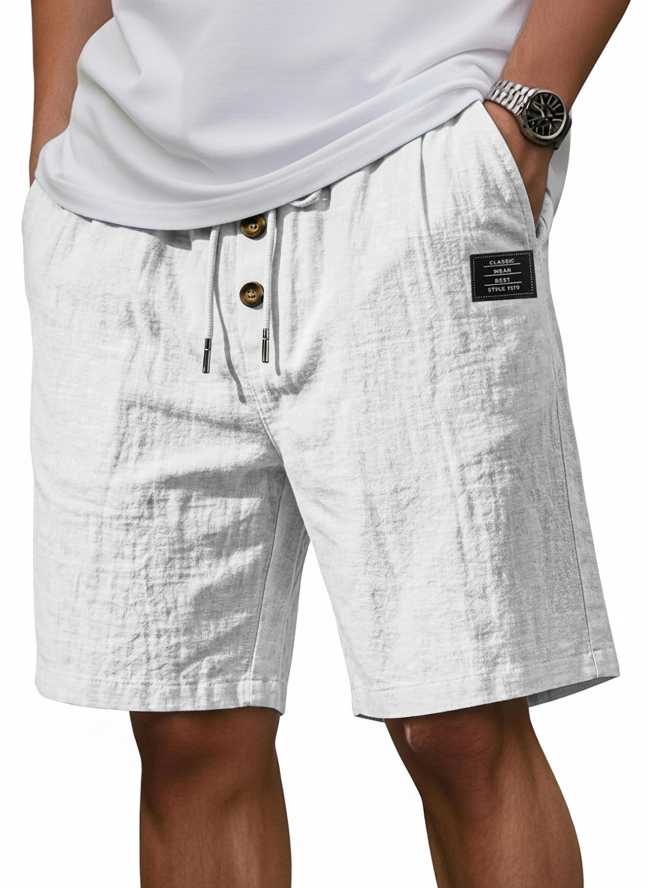 Men's Linen Casual Shorts with Embroidered Logo and Buttons