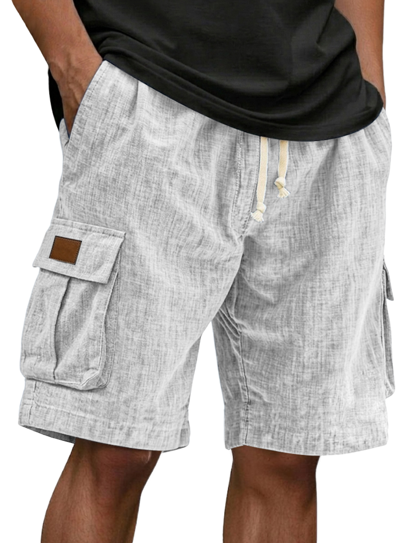 Men's Casual Linen Multi-pocket Embroidered Label Cargo Shorts