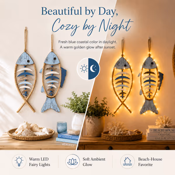 🎉🎉🐟✨ Lighted Coastal Rope Fish Wall Hanging