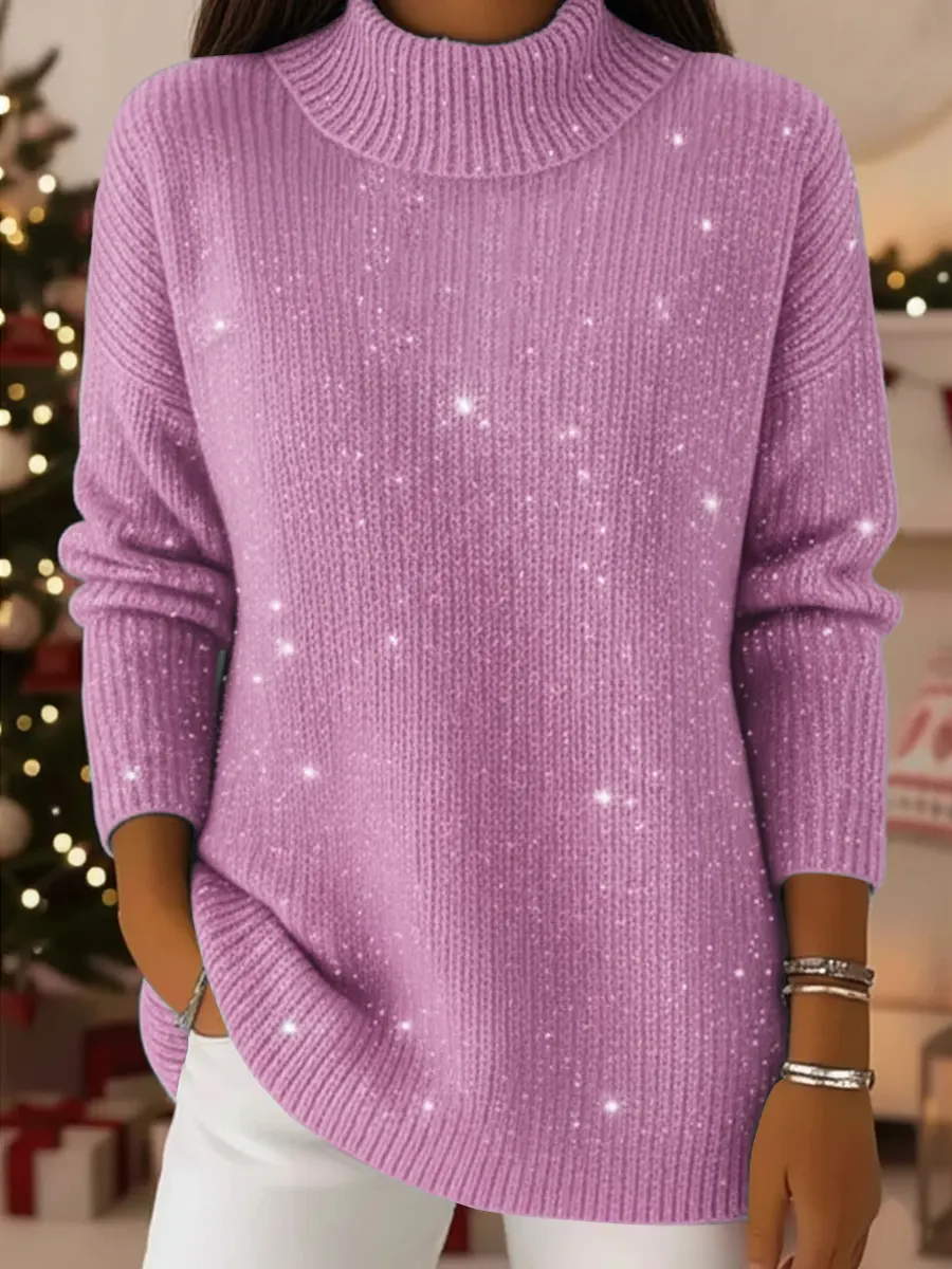 Women's Solid Color Stand Collar Casual Loose Sequined Knit Sweater