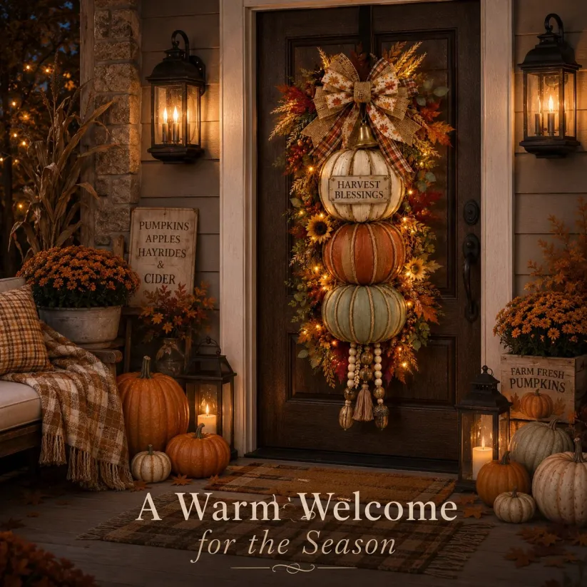 🏡🎃Lighted Stacked Pumpkin Fall Door Decor with 3 Seasonal Plaques