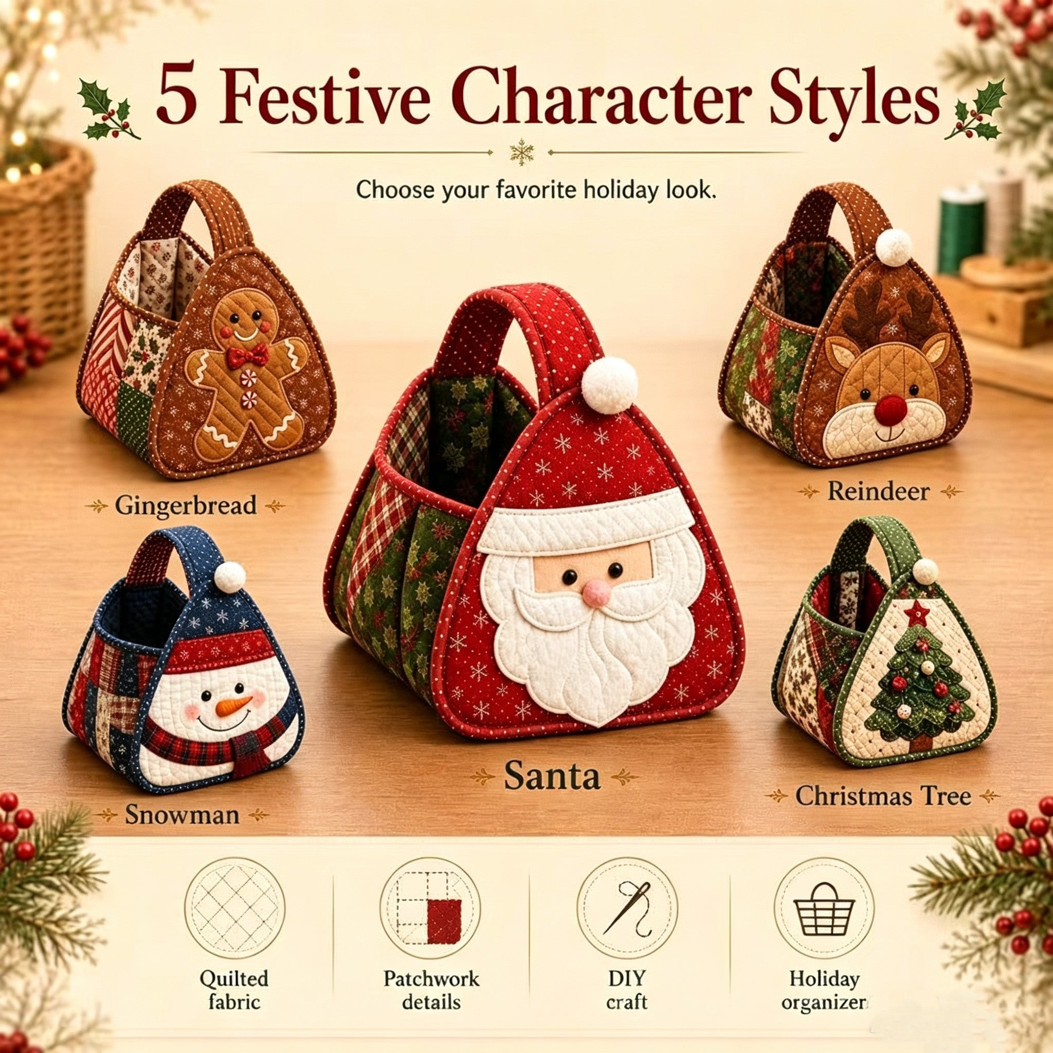 Christmas quilted basket collection displayed together