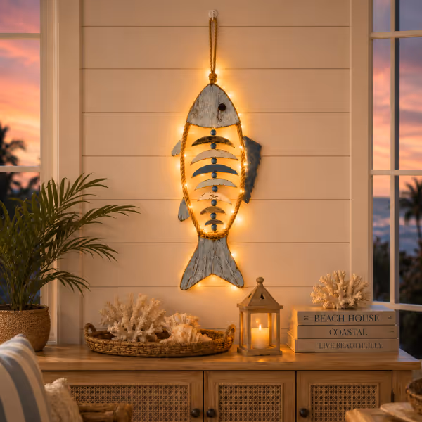 🎉🎉🐟✨ Lighted Coastal Rope Fish Wall Hanging