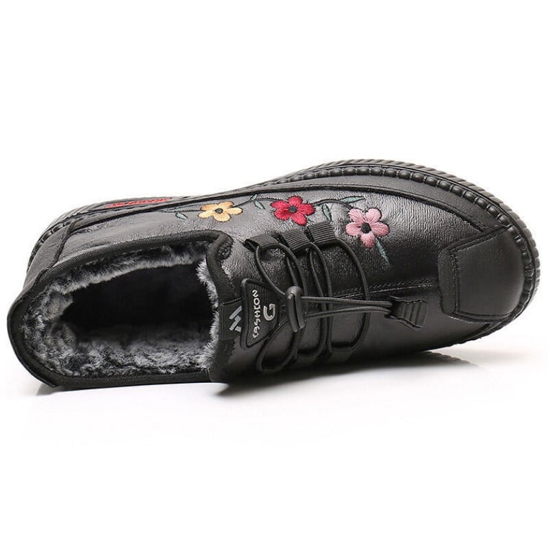 Leather Fur Moccasins Women Loafers for Elderly Females Soft Warm