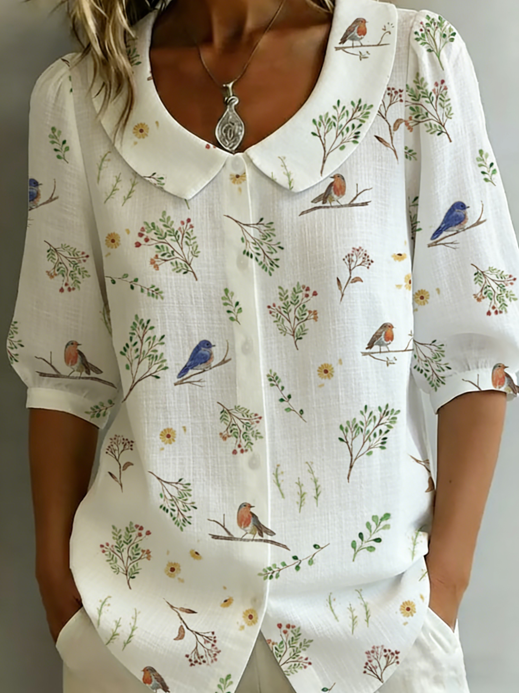 "Forest Whispers" Peter Pan Collar Linen-Cotton Shirt