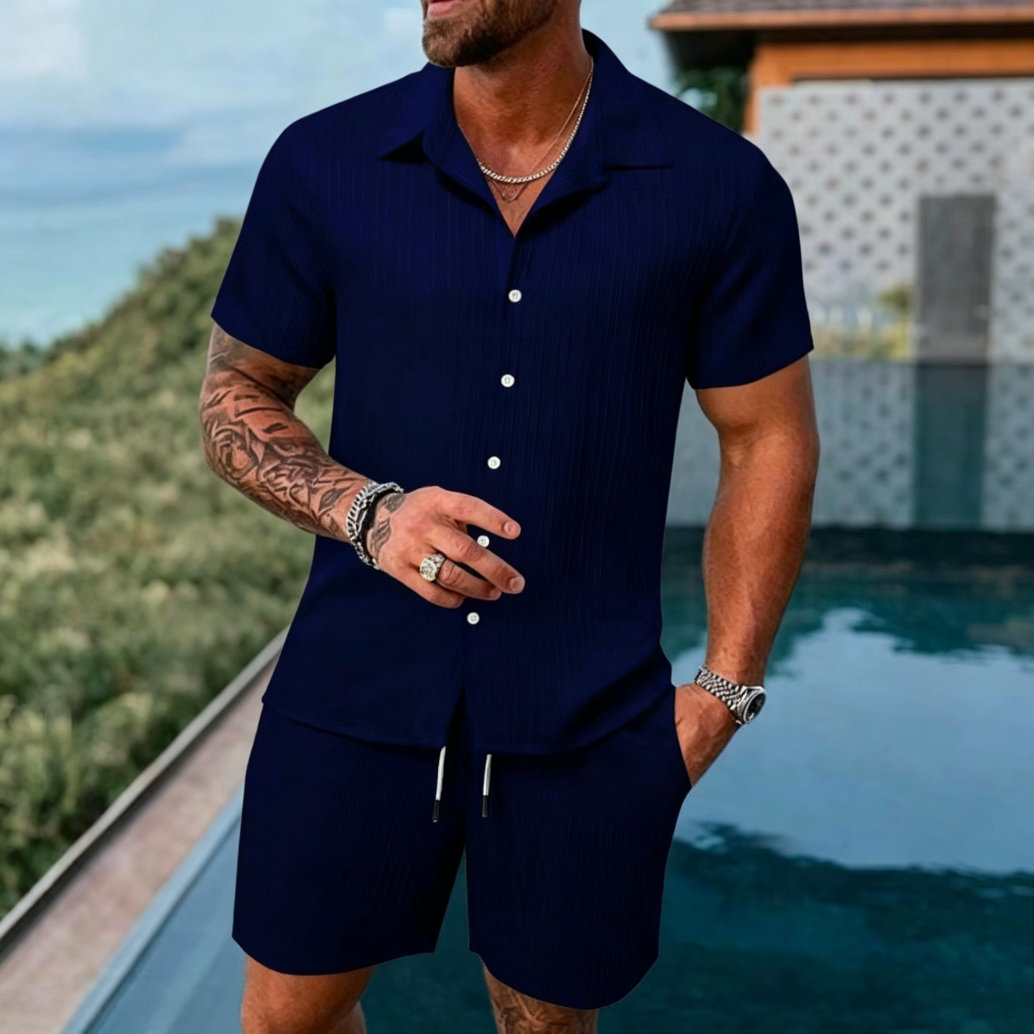 Men's Summer Breathable Two-Piece Set: Textured Shirt and Shorts (Beachwear)