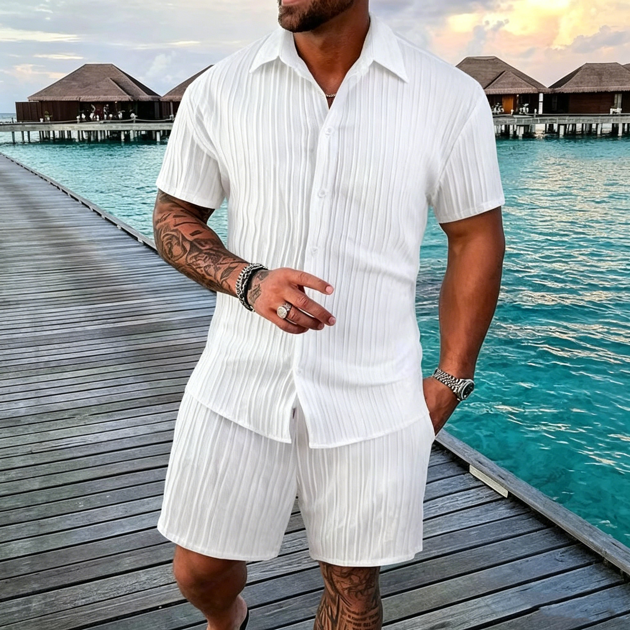 Men's Summer Breathable Two-Piece Set: Textured Shirt and Shorts (Beachwear)