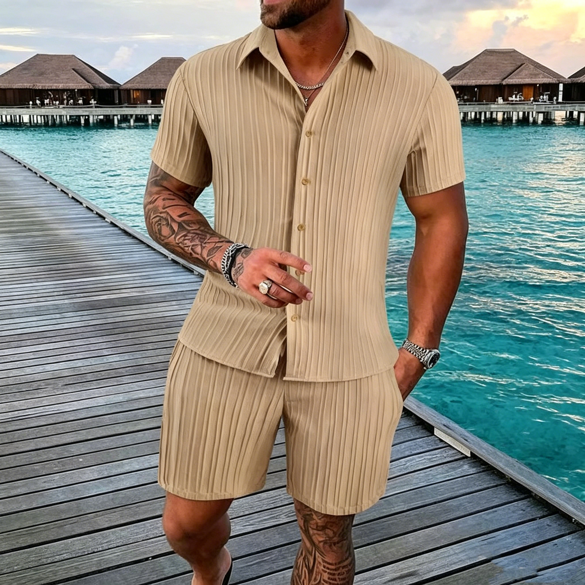 Men's Summer Breathable Two-Piece Set: Textured Shirt and Shorts (Beachwear)