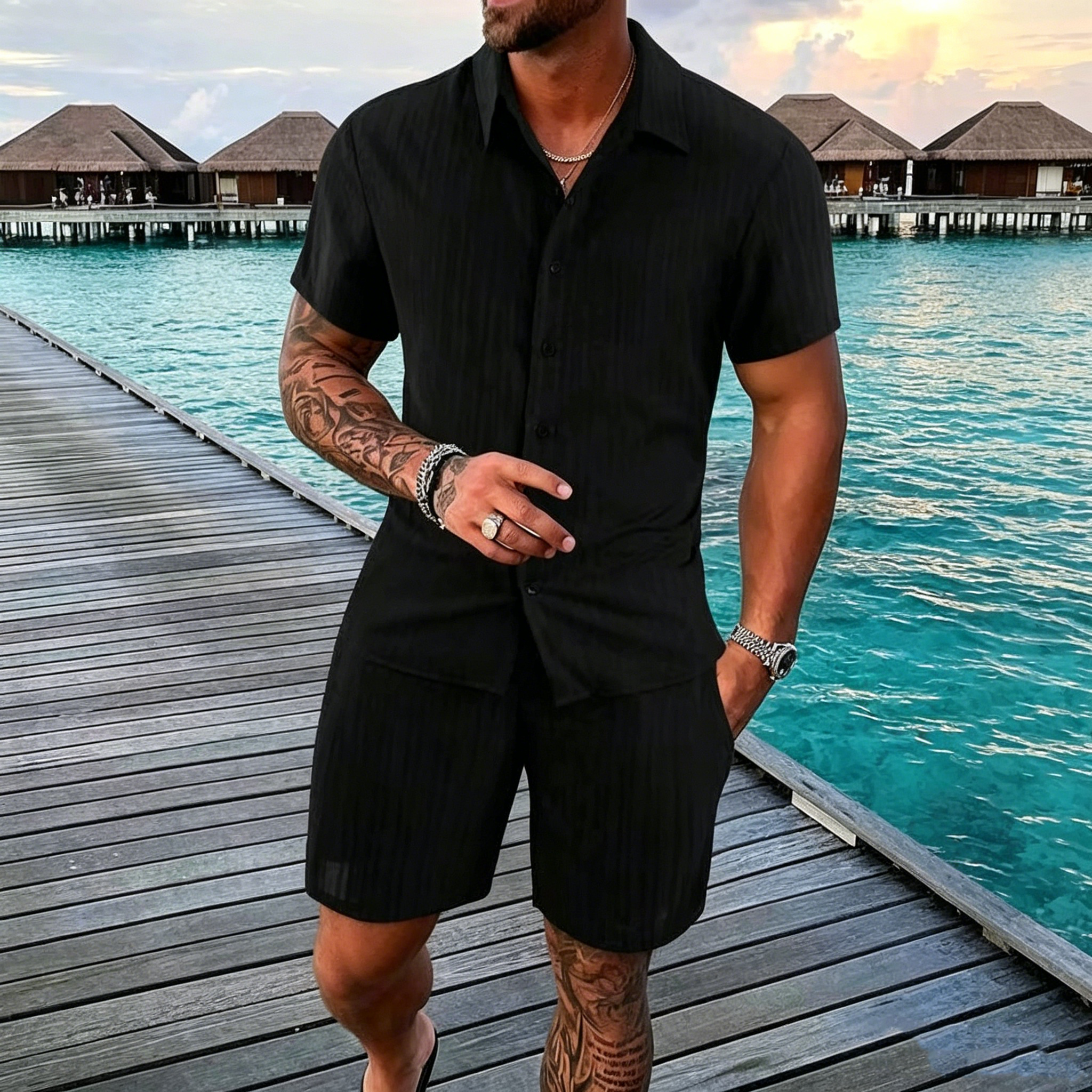 Men's Summer Breathable Two-Piece Set: Textured Shirt and Shorts (Beachwear)