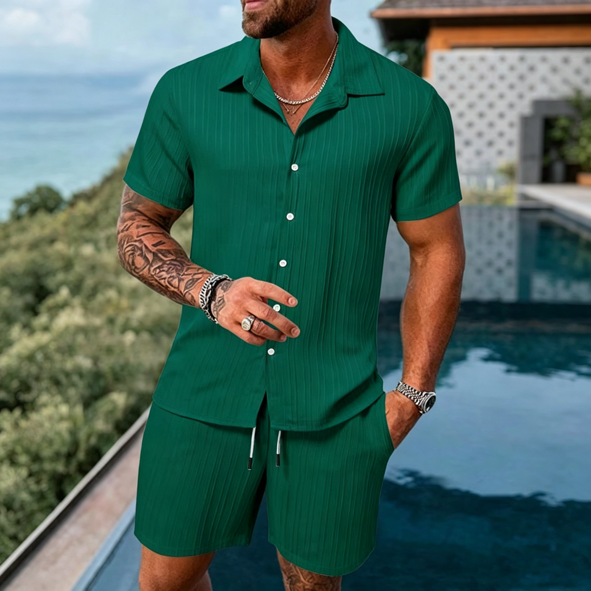 Men's Summer Breathable Two-Piece Set: Textured Shirt and Shorts (Beachwear)