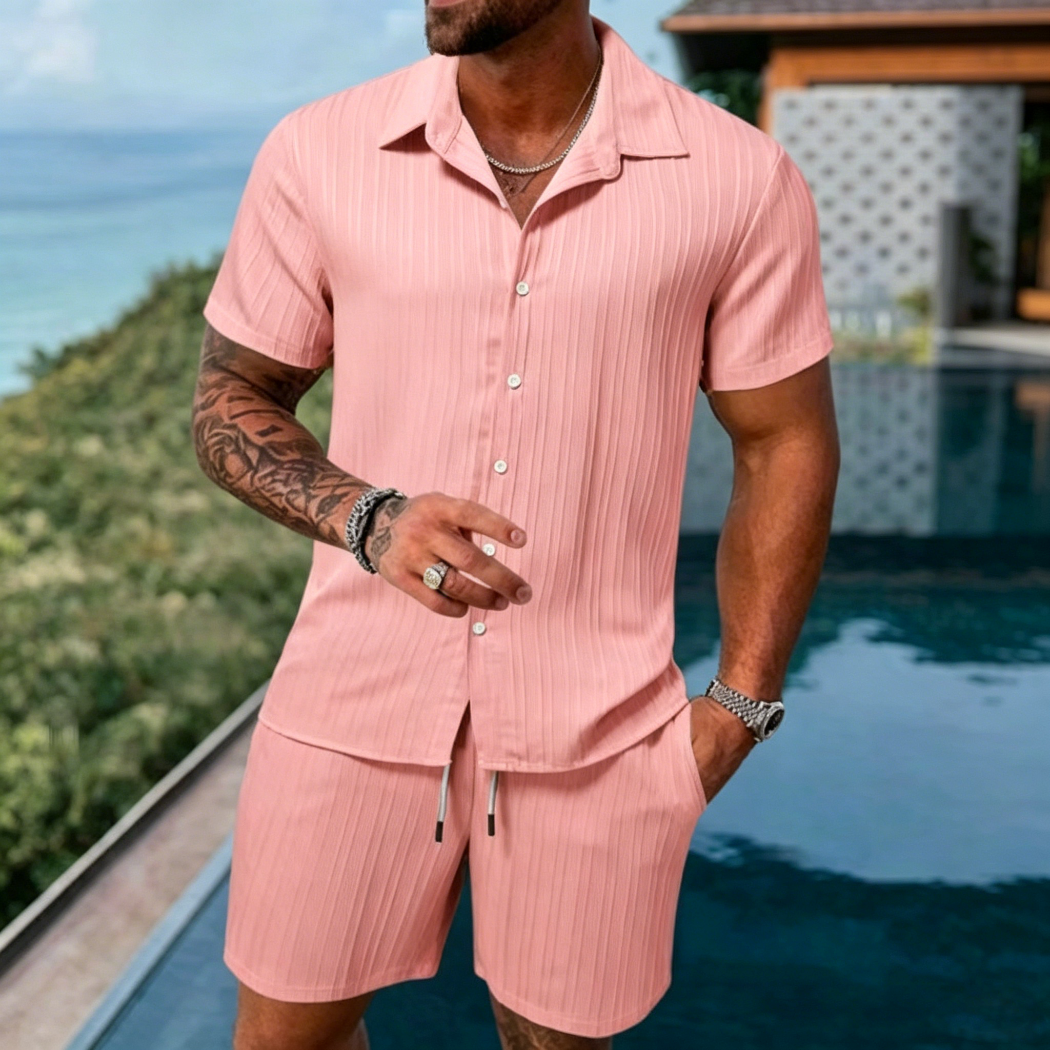 Men's Summer Breathable Two-Piece Set: Textured Shirt and Shorts (Beachwear)