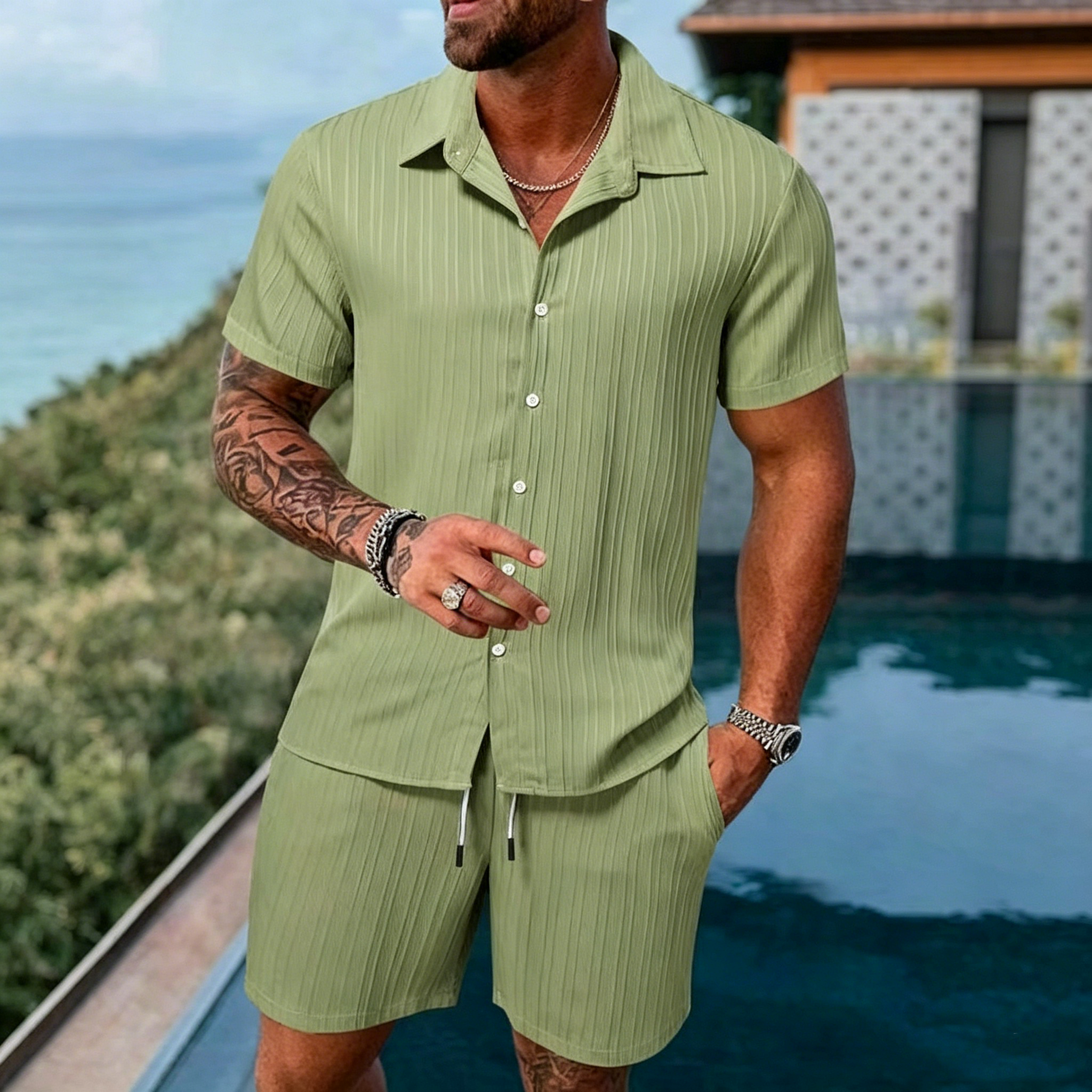Men's Summer Breathable Two-Piece Set: Textured Shirt and Shorts (Beachwear)