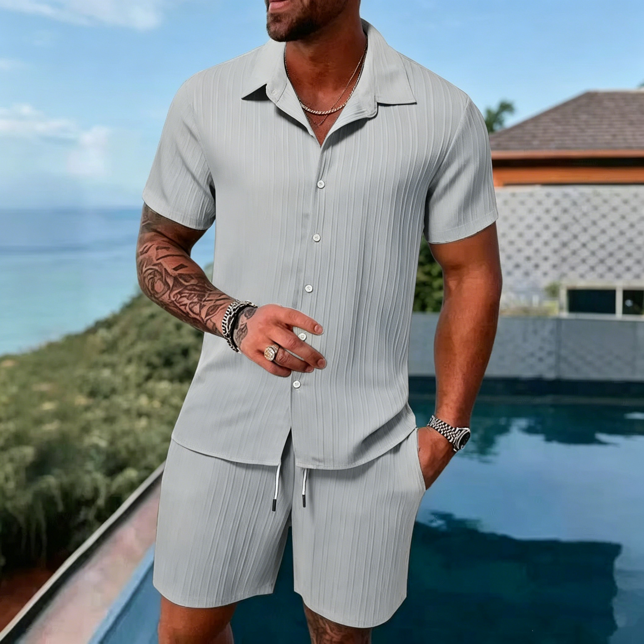 Men's Summer Breathable Two-Piece Set: Textured Shirt and Shorts (Beachwear)