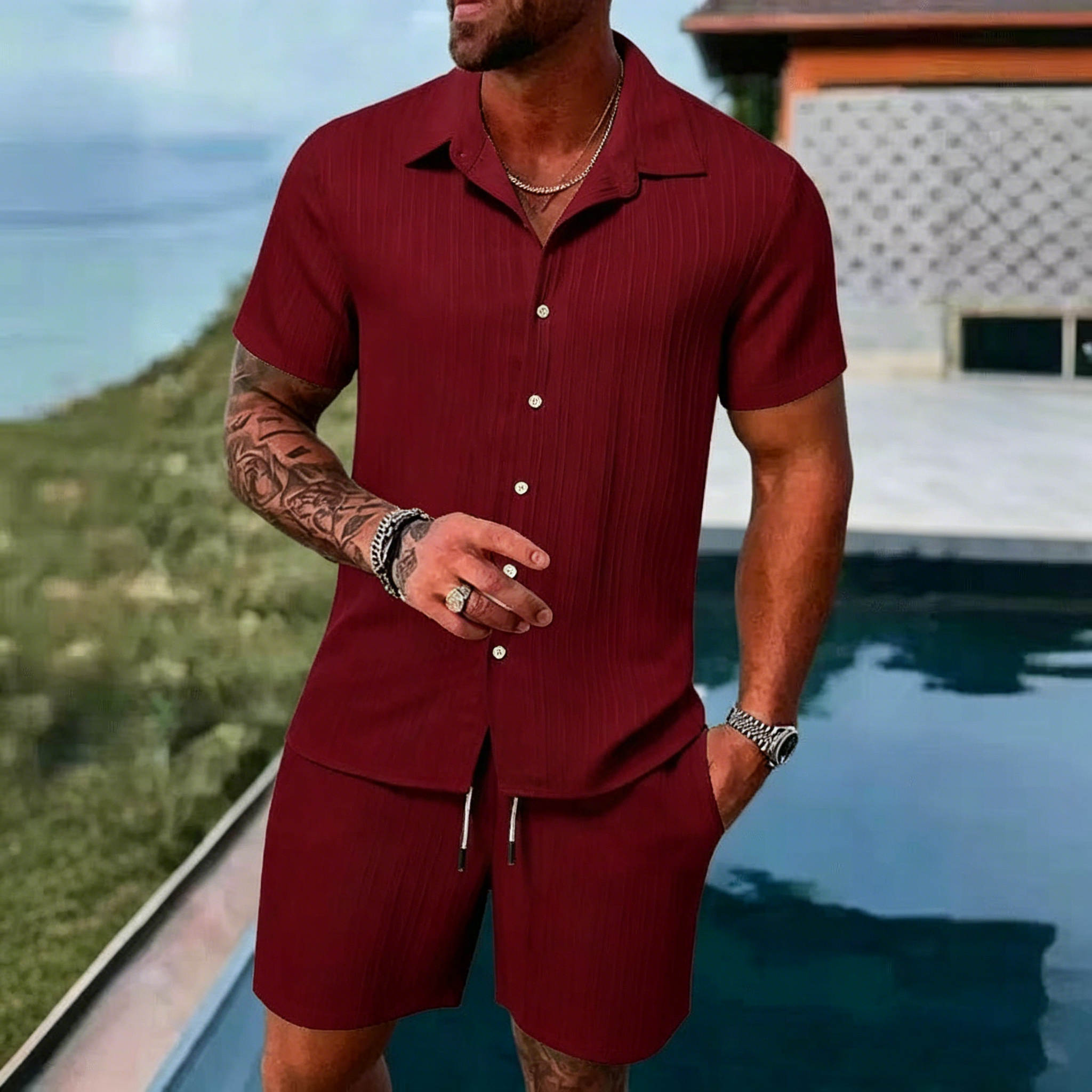 Men's Summer Breathable Two-Piece Set: Textured Shirt and Shorts (Beachwear)