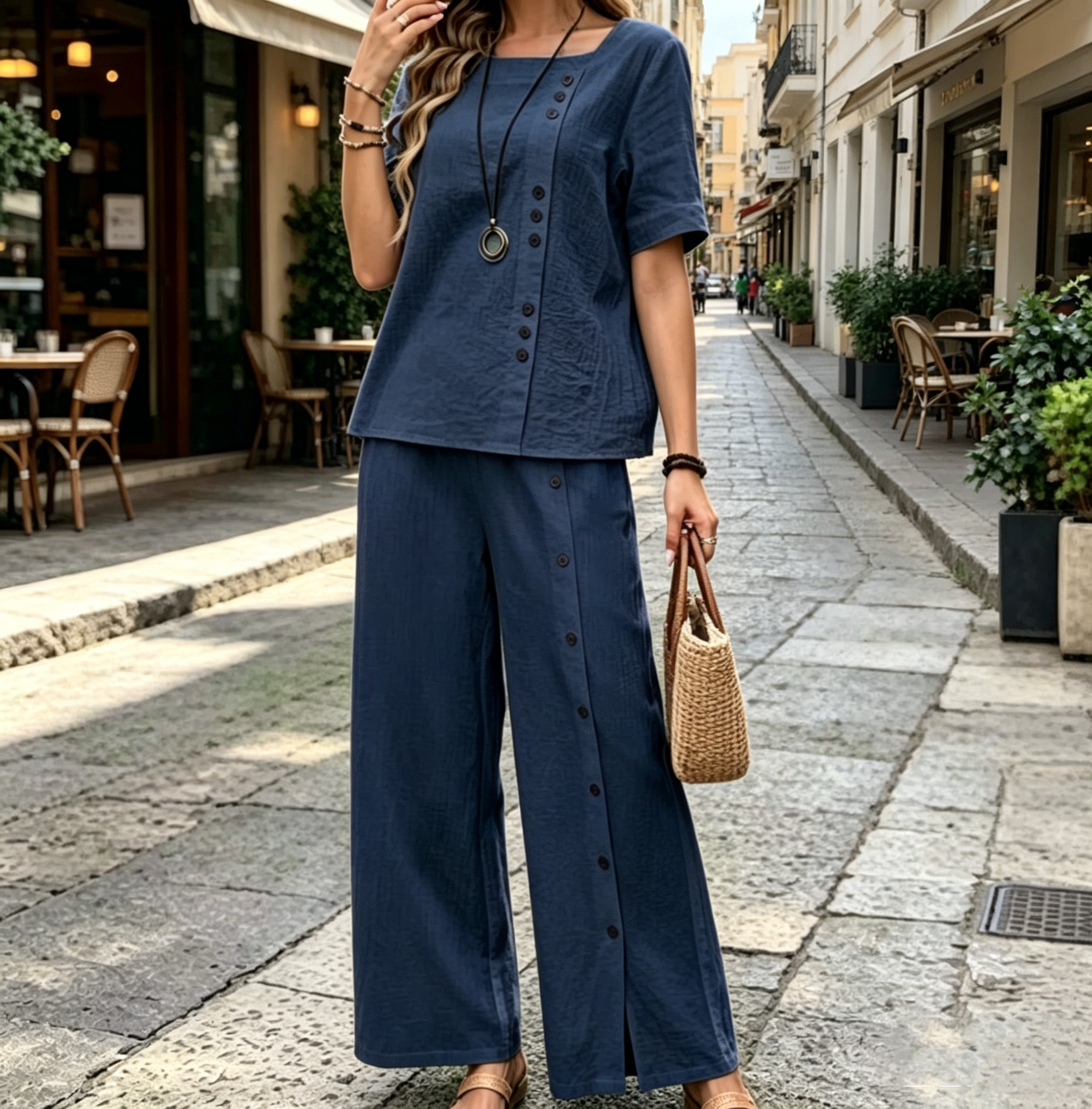 Women's Cotton Linen 2 Piece Outfit, Short Sleeve Button Top & Wide Leg Split Pants Casual Vacation Set