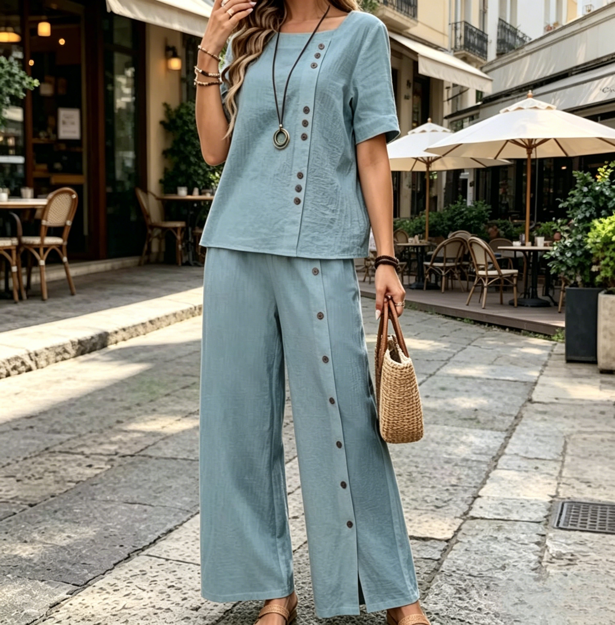 Women's Cotton Linen 2 Piece Outfit, Short Sleeve Button Top & Wide Leg Split Pants Casual Vacation Set