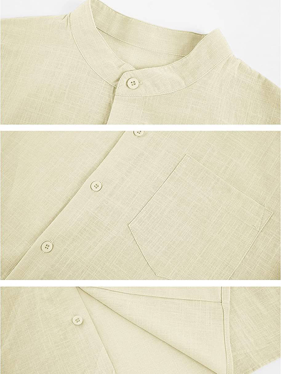 Men's Solid Color Stand Collar Pocket Cotton Linen Casual Short Sleeve Shirt