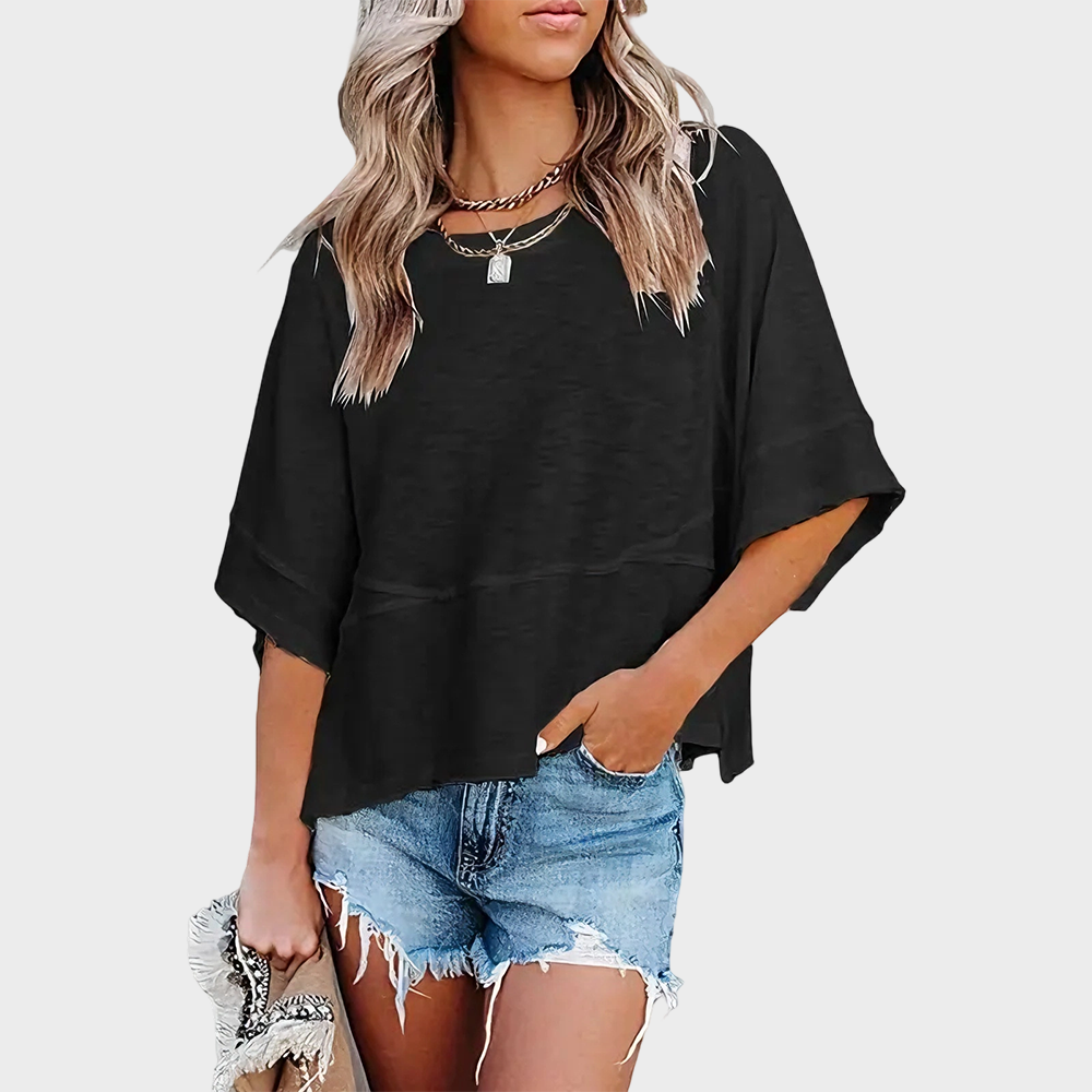 Panel Stitch Solid Color Flared Sleeve Loose Casual T-Shirt for Women Daily Wear