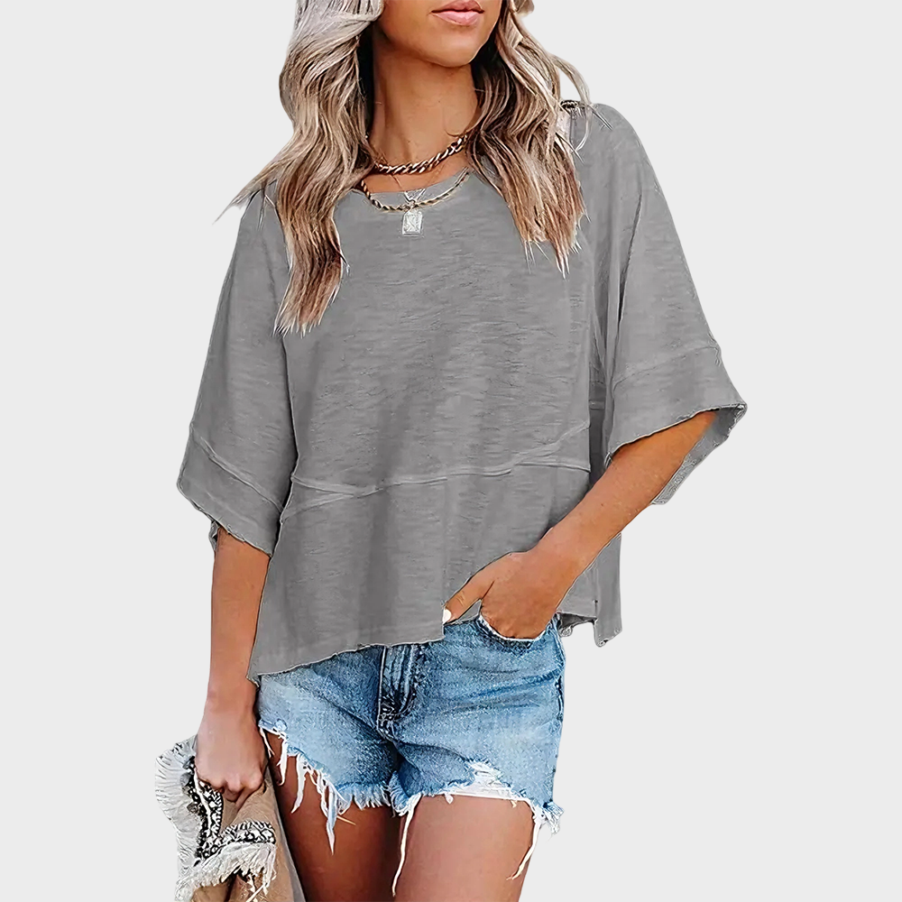 Panel Stitch Solid Color Flared Sleeve Loose Casual T-Shirt for Women Daily Wear