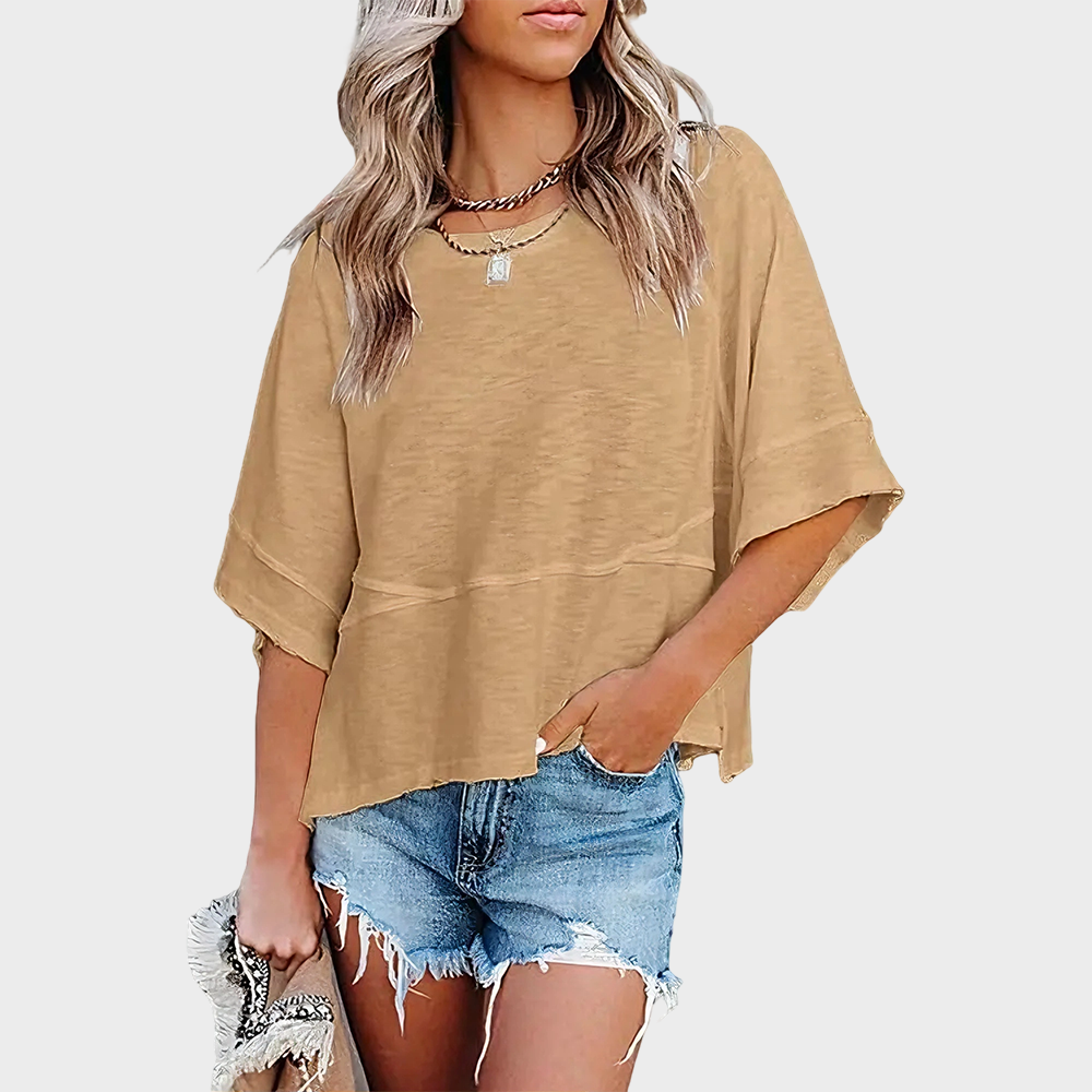 Panel Stitch Solid Color Flared Sleeve Loose Casual T-Shirt for Women Daily Wear