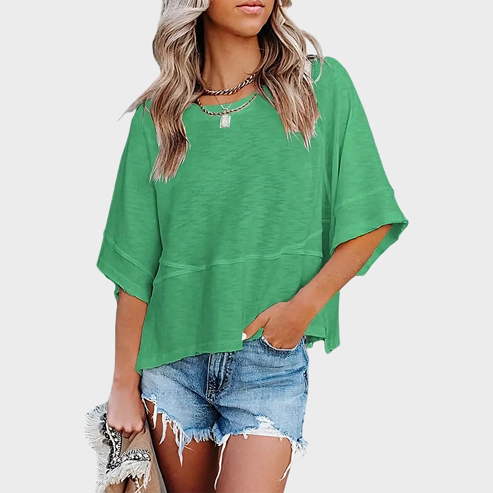 Panel Stitch Solid Color Flared Sleeve Loose Casual T-Shirt for Women Daily Wear