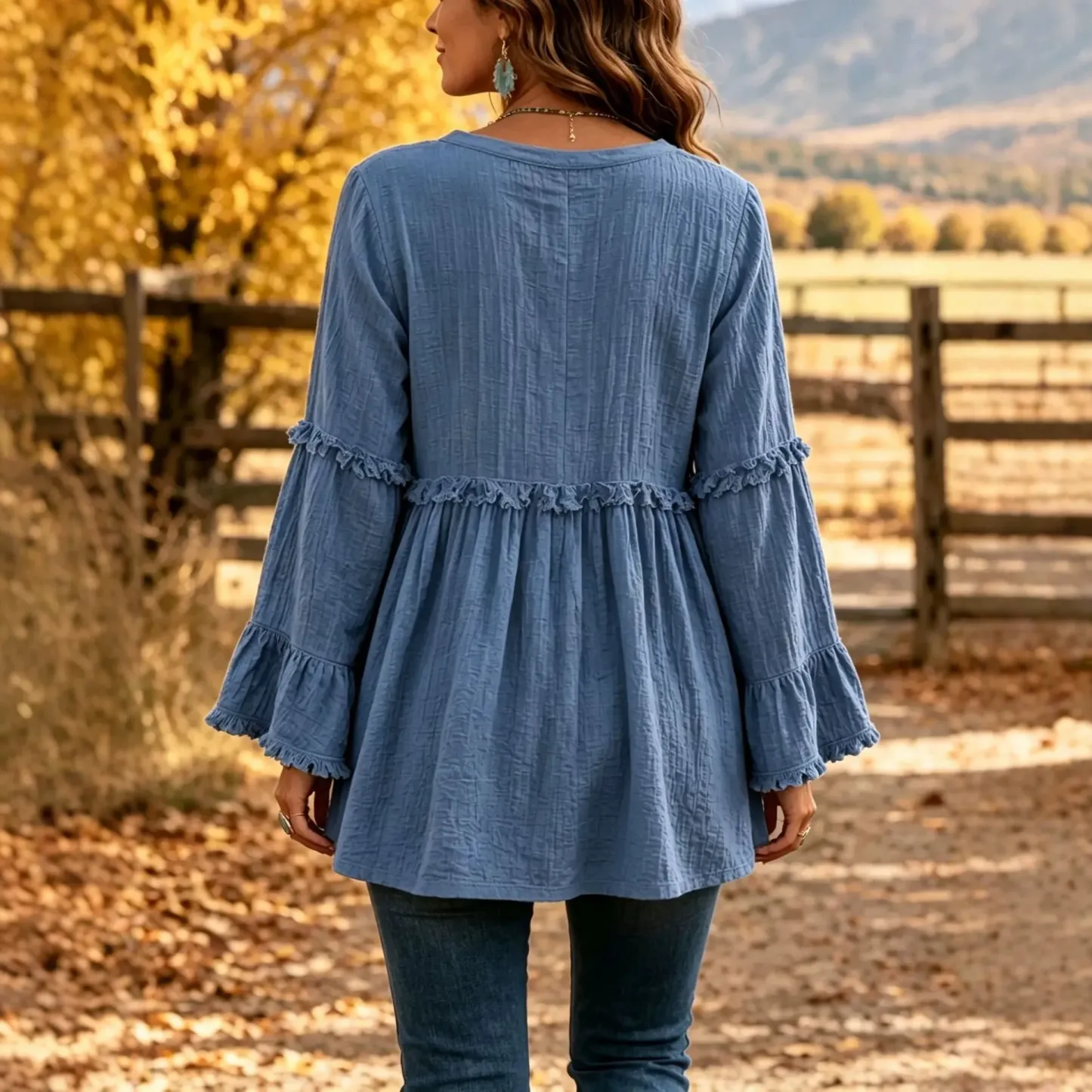 Bohemian women's blouse with ruffles, long bell sleeves, buttoned henley collar, V-neck, flowy casual tunic with peplum