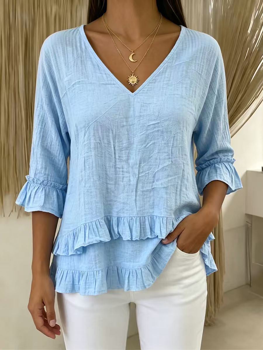 👚Cotton Linen Ruffle V Neck 3/4 Sleeve Women Blouse✨