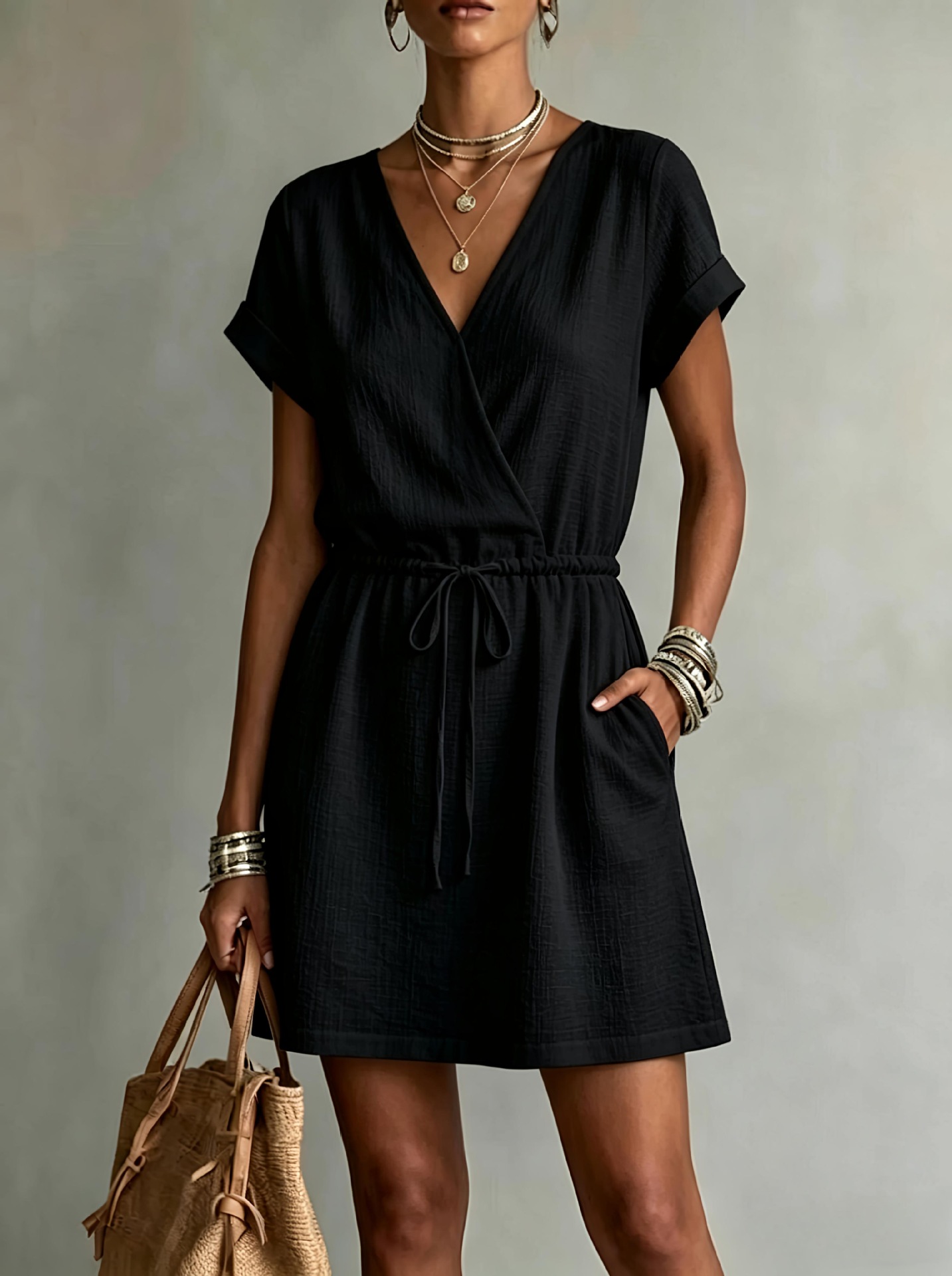 Women's V Neck Drawstring Waist Mini Dress, Casual Short Sleeve Pockets Textured Summer Dress