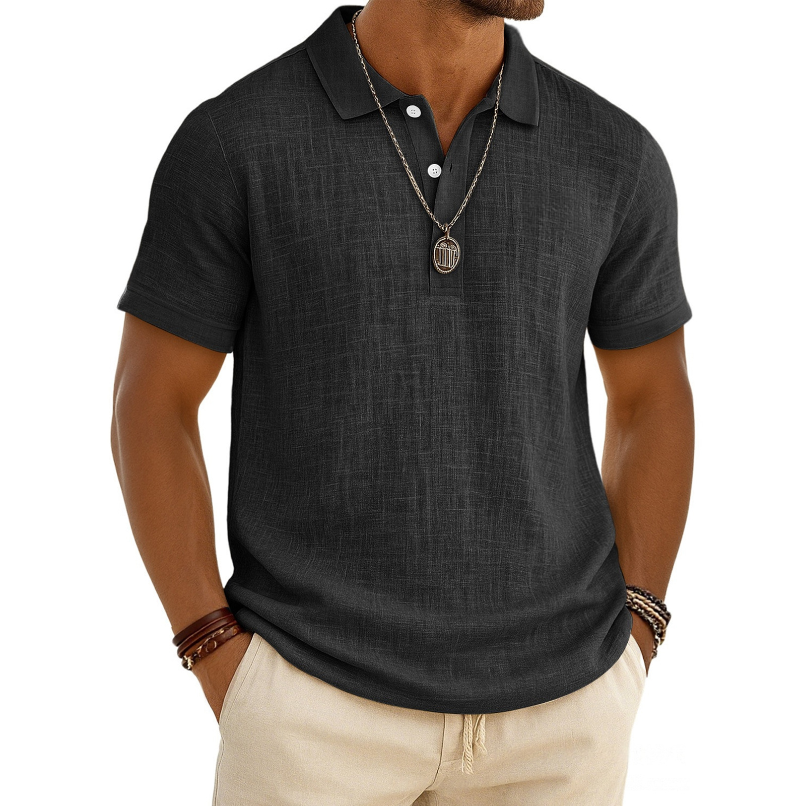 Men's Linen Shirt Polo Shirts Casual Vacation Classic Short Sleeve Fashion Solid Color Buttons