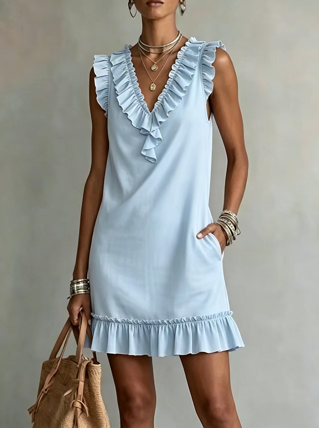 Save up to 70%🛒Women's Ruffle V Neck Sleeveless Mini Dress with Pockets