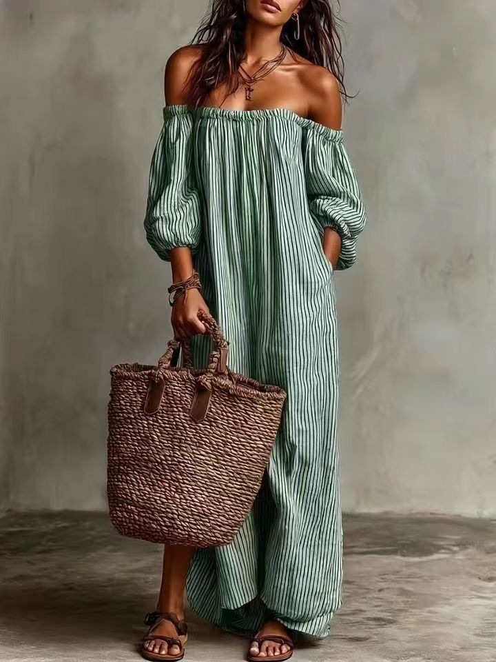 New Arrivals✨Women's Off Shoulder Striped Maxi Dress with Pockets, Loose Woven Casual Spring Vacation Dress