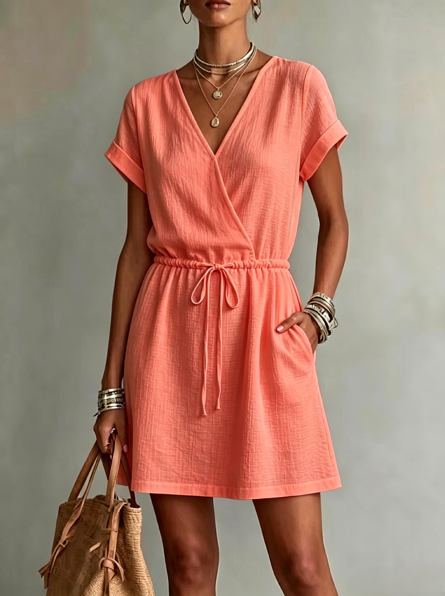 Women's V Neck Drawstring Waist Mini Dress, Casual Short Sleeve Pockets Textured Summer Dress