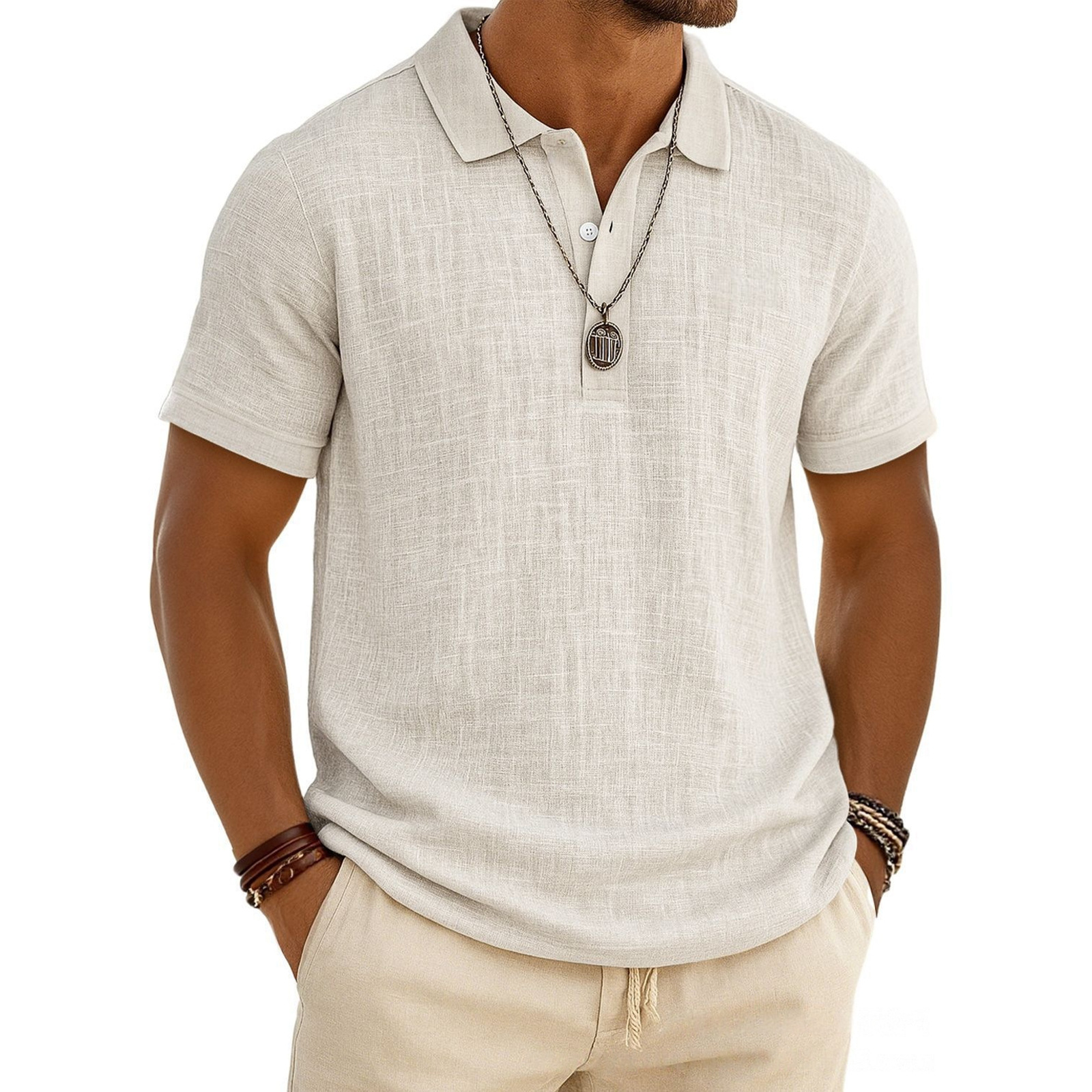 Men's Linen Shirt Polo Shirts Casual Vacation Classic Short Sleeve Fashion Solid Color Buttons