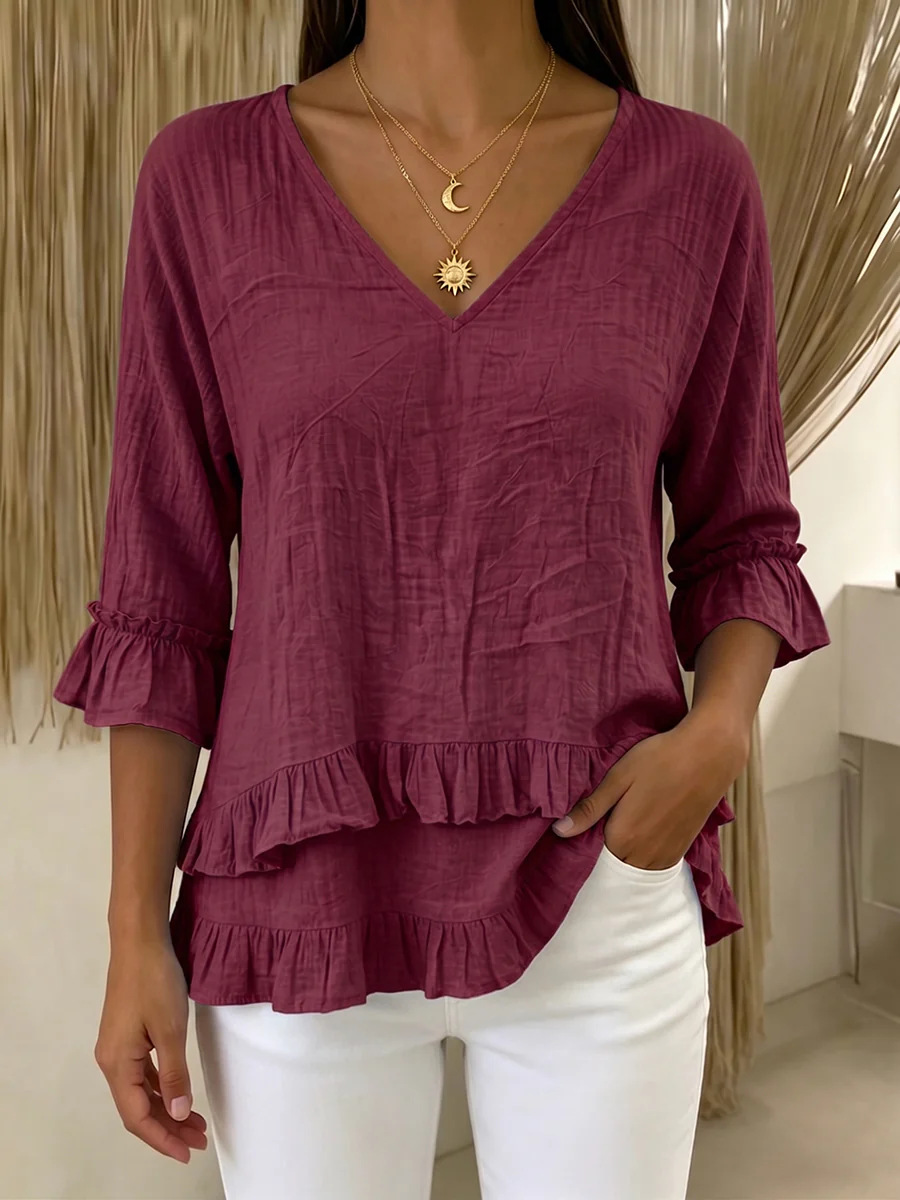 👚Cotton Linen Ruffle V Neck 3/4 Sleeve Women Blouse✨