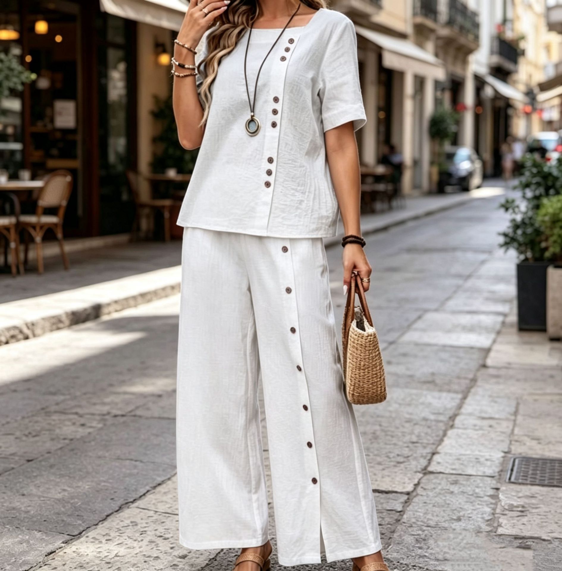 Women's Cotton Linen 2 Piece Outfit, Short Sleeve Button Top & Wide Leg Split Pants Casual Vacation Set