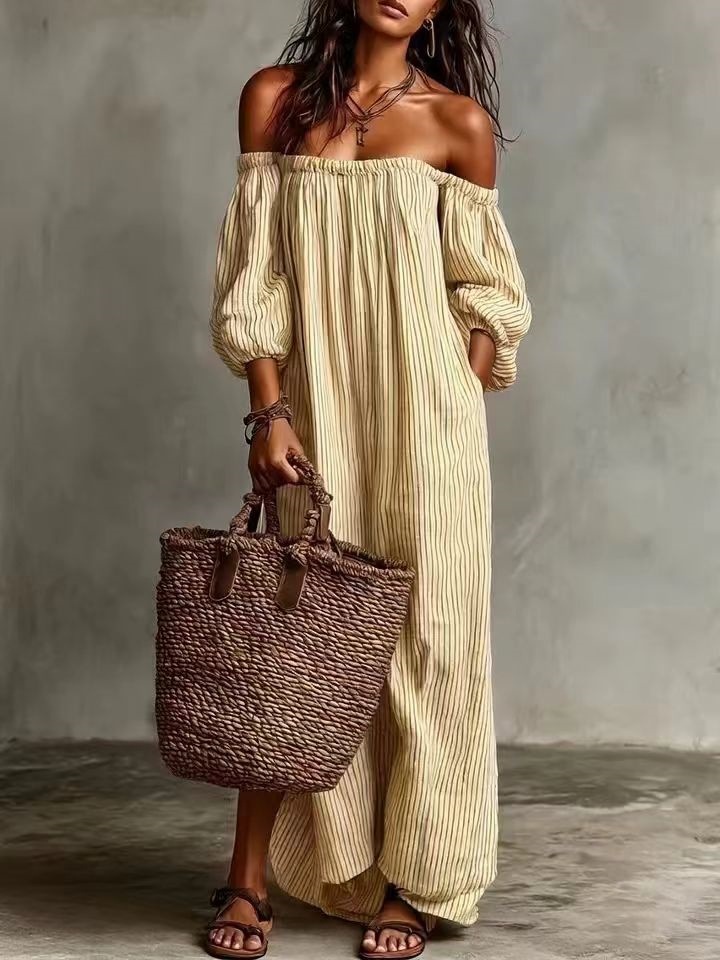 New Arrivals✨Women's Off Shoulder Striped Maxi Dress with Pockets, Loose Woven Casual Spring Vacation Dress